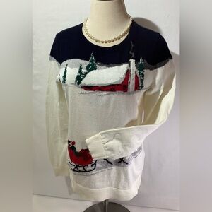 Talbots Women’s Christmas Sweater Size Mp Long Sleeve White/Navy Blue Pullover